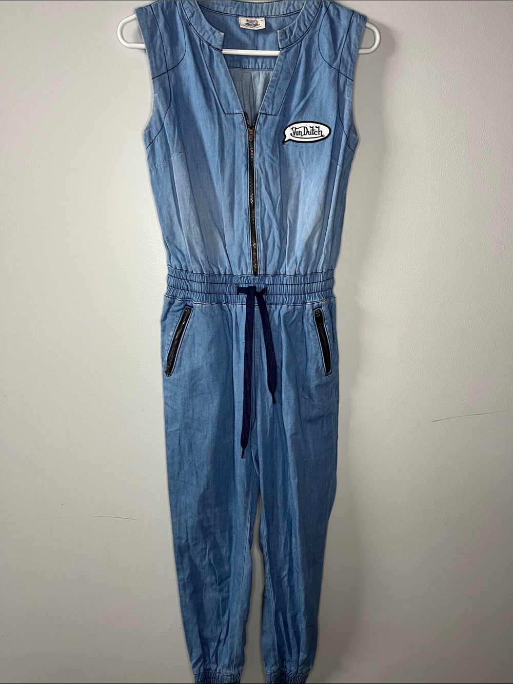 Von Dutch women’s small light wash denim zip up jumpsuit elastic waist slim leg